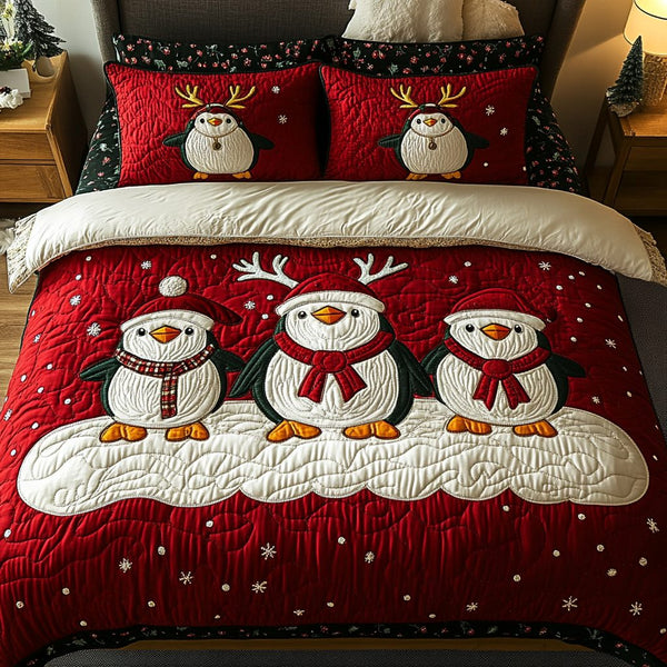 Arctic Joy quilted 3-piece bedding set on a made bed with two matching pillow shams