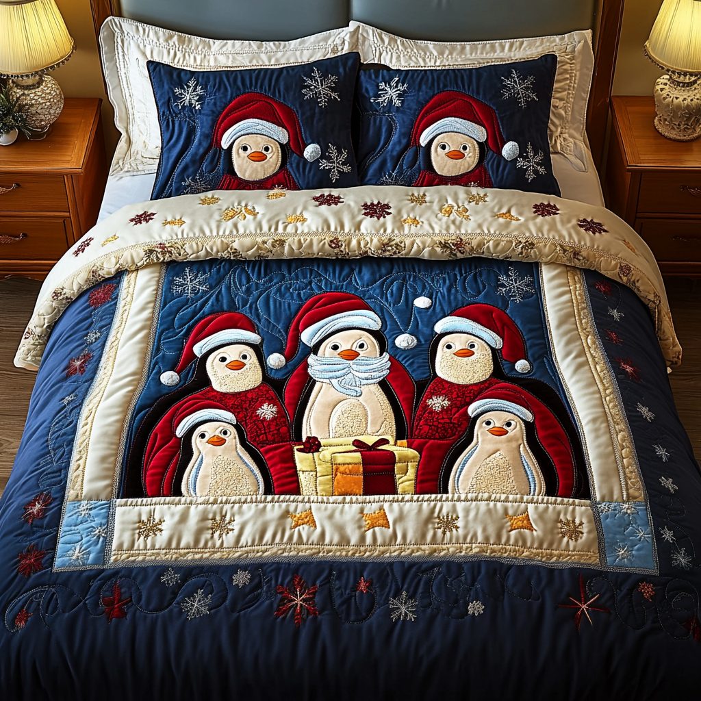 Arctic Joy quilted 3-piece bedding set on a made bed with two matching pillow shams