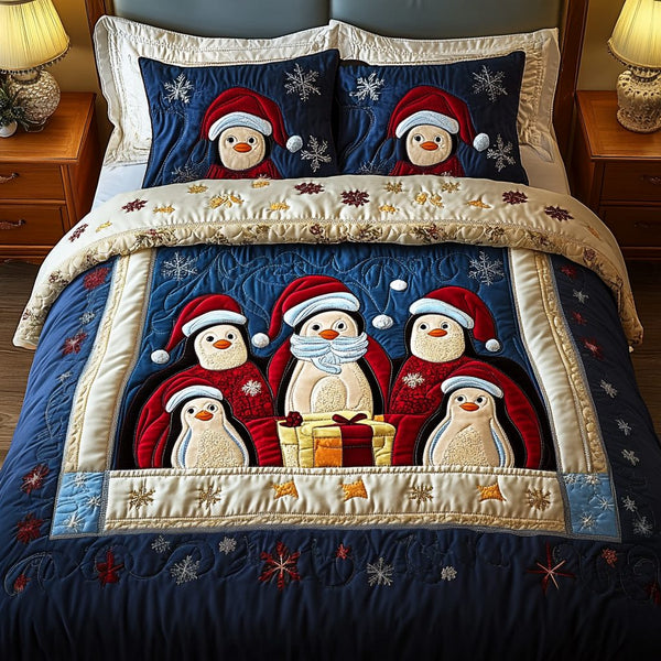 Arctic Joy quilted 3-piece bedding set on a made bed with two matching pillow shams
