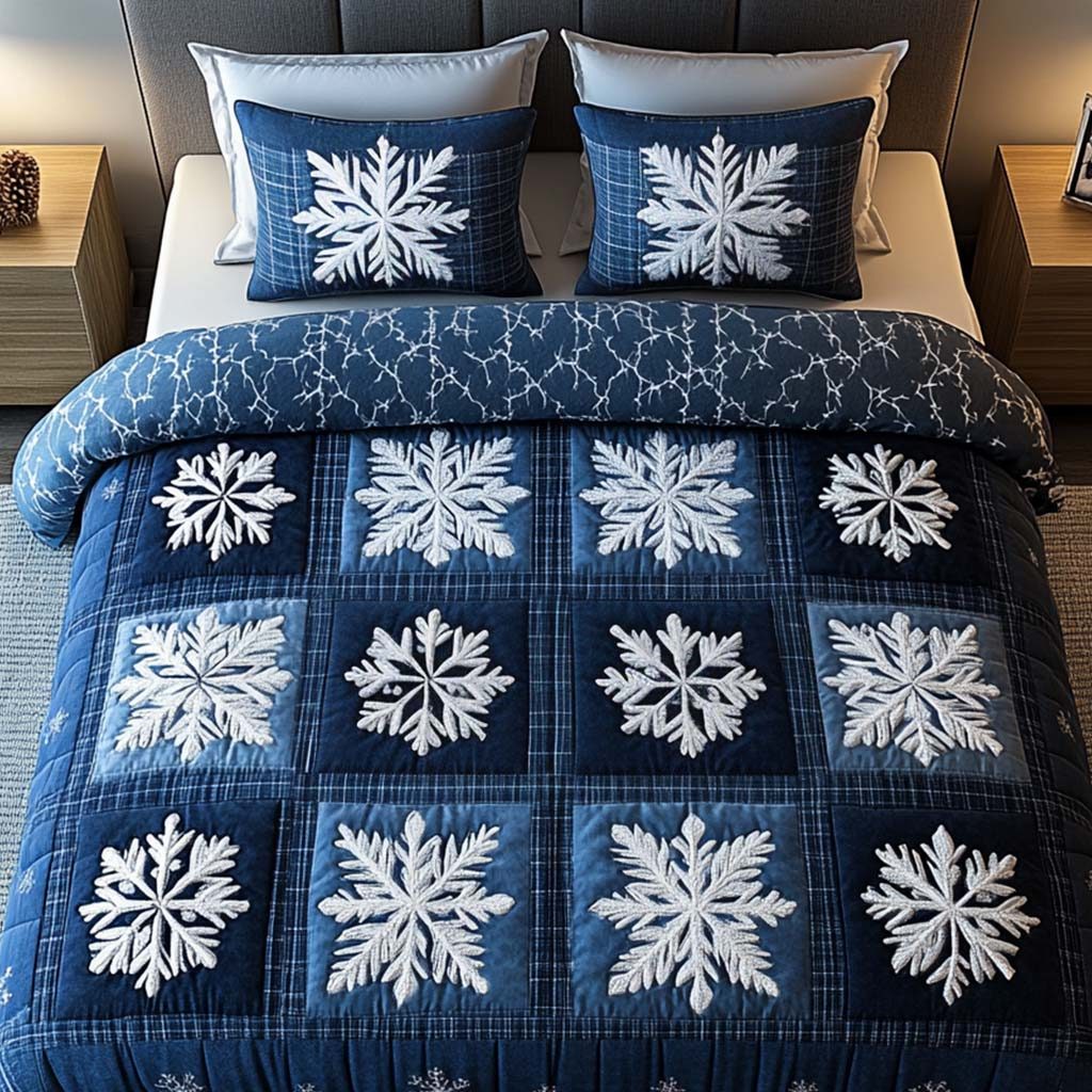 Arctic Patchwork quilted 3-piece bedding set on a made bed in a farmhouse bedroom
