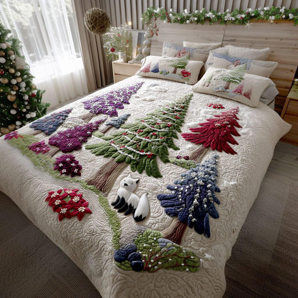 Arctic Pine Dreams quilted 3-piece bedding set on a made bed with two matching pillow shams