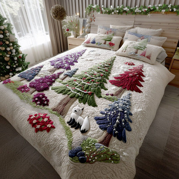 Arctic Pine Dreams quilted 3-piece bedding set on a made bed with two matching pillow shams