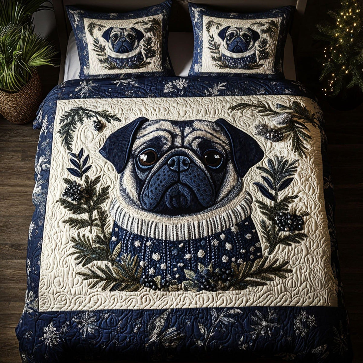Arctic Pug quilted 3-piece bedding set on a made bed with two matching pillow shams