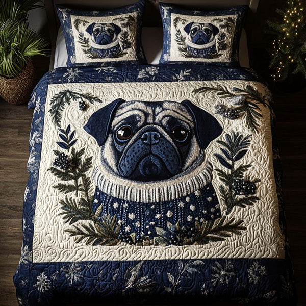 Arctic Pug quilted 3-piece bedding set on a made bed with two matching pillow shams