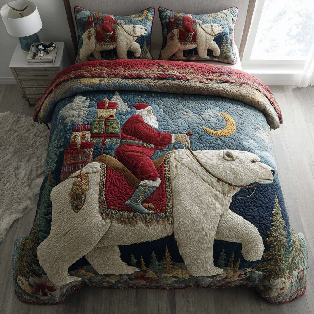 Arctic Santa Claus quilted 3-piece bedding set on a made bed in a winter-styled bedroom