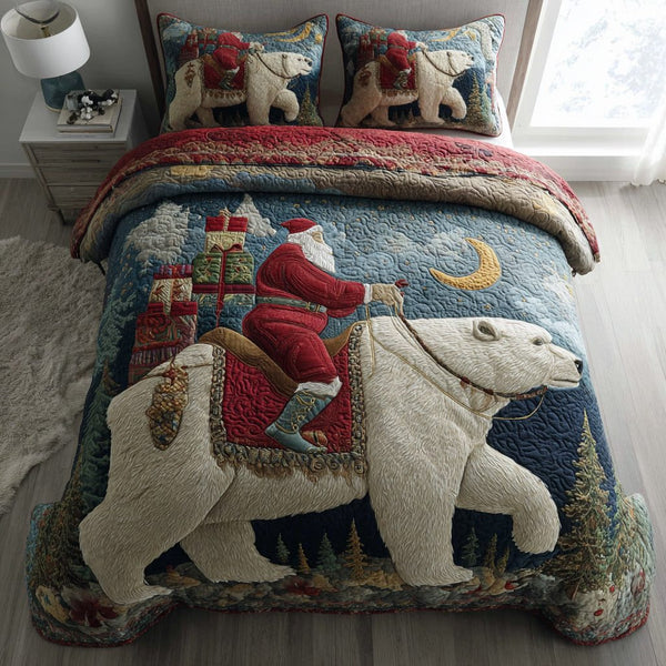 Arctic Santa Claus quilted 3-piece bedding set on a made bed in a winter-styled bedroom