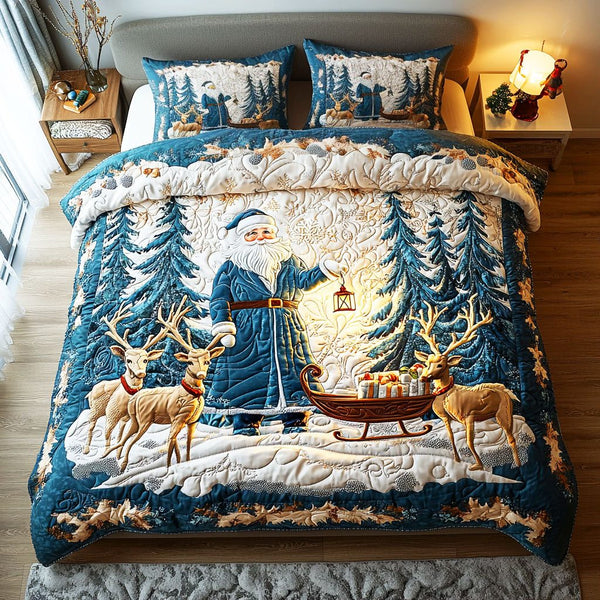 Arctic Santa Journey quilted 3-piece bedding set on a made bed in a winter-styled bedroom