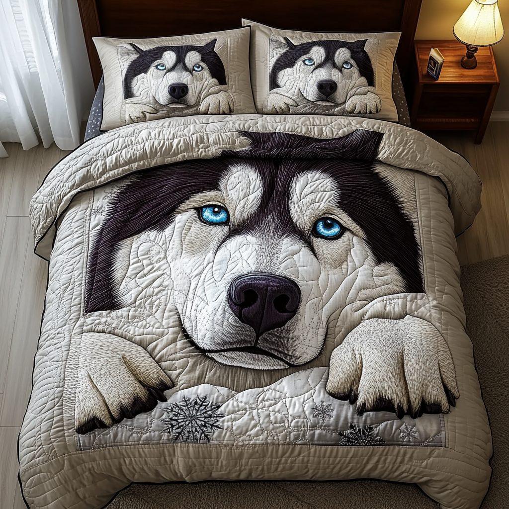 Arctic Trail quilted 3-piece bedding set on a made bed with two matching pillow shams