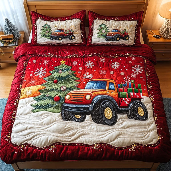 Arctic Truck Rally quilted 3-piece bedding set on a made bed with two matching pillow shams