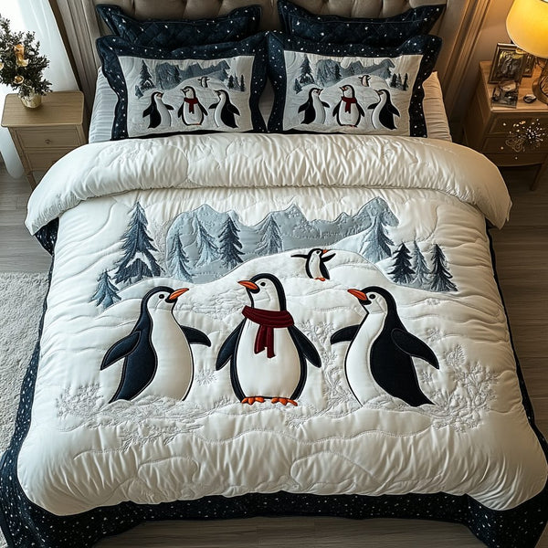 Arctic Waddle quilted 3-piece bedding set on a made bed with two matching pillow shams