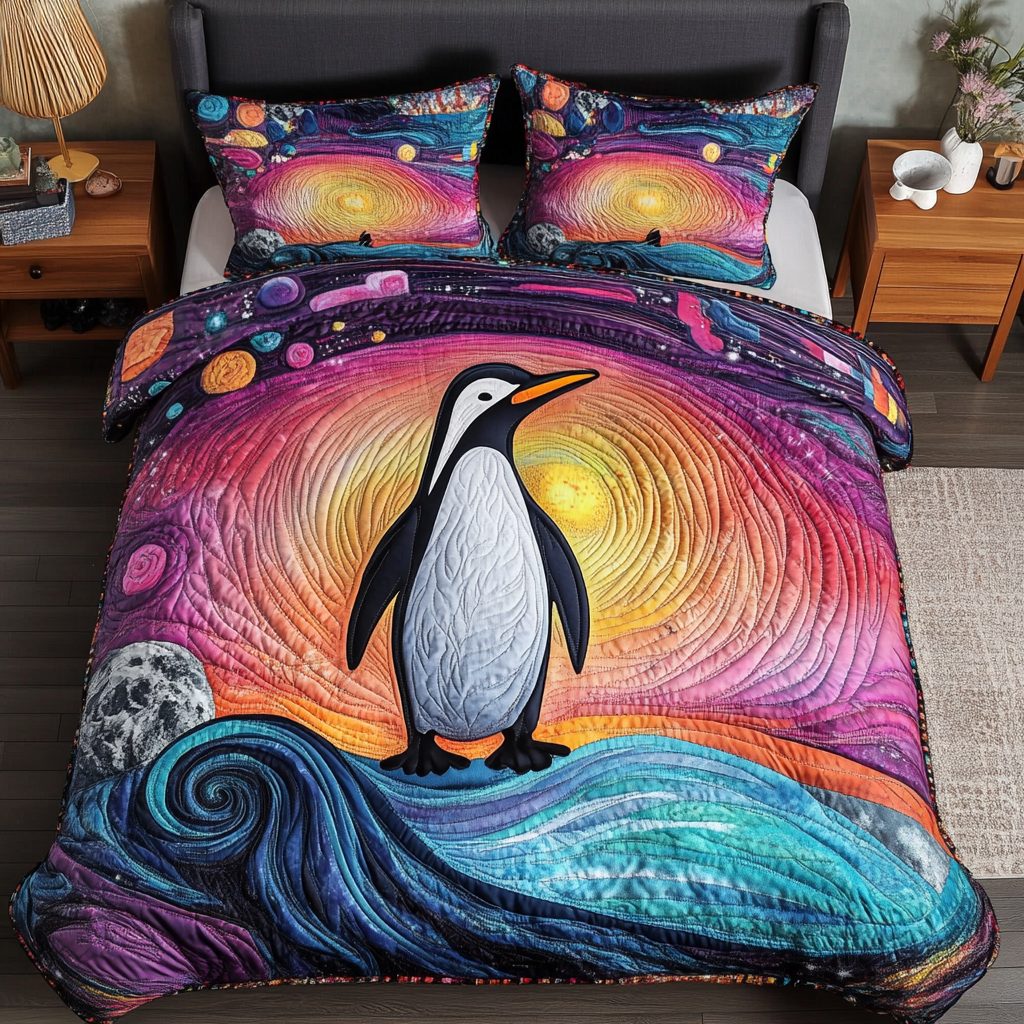 Arctic Waddle quilted 3-piece bedding set on a made bed with two matching pillow shams