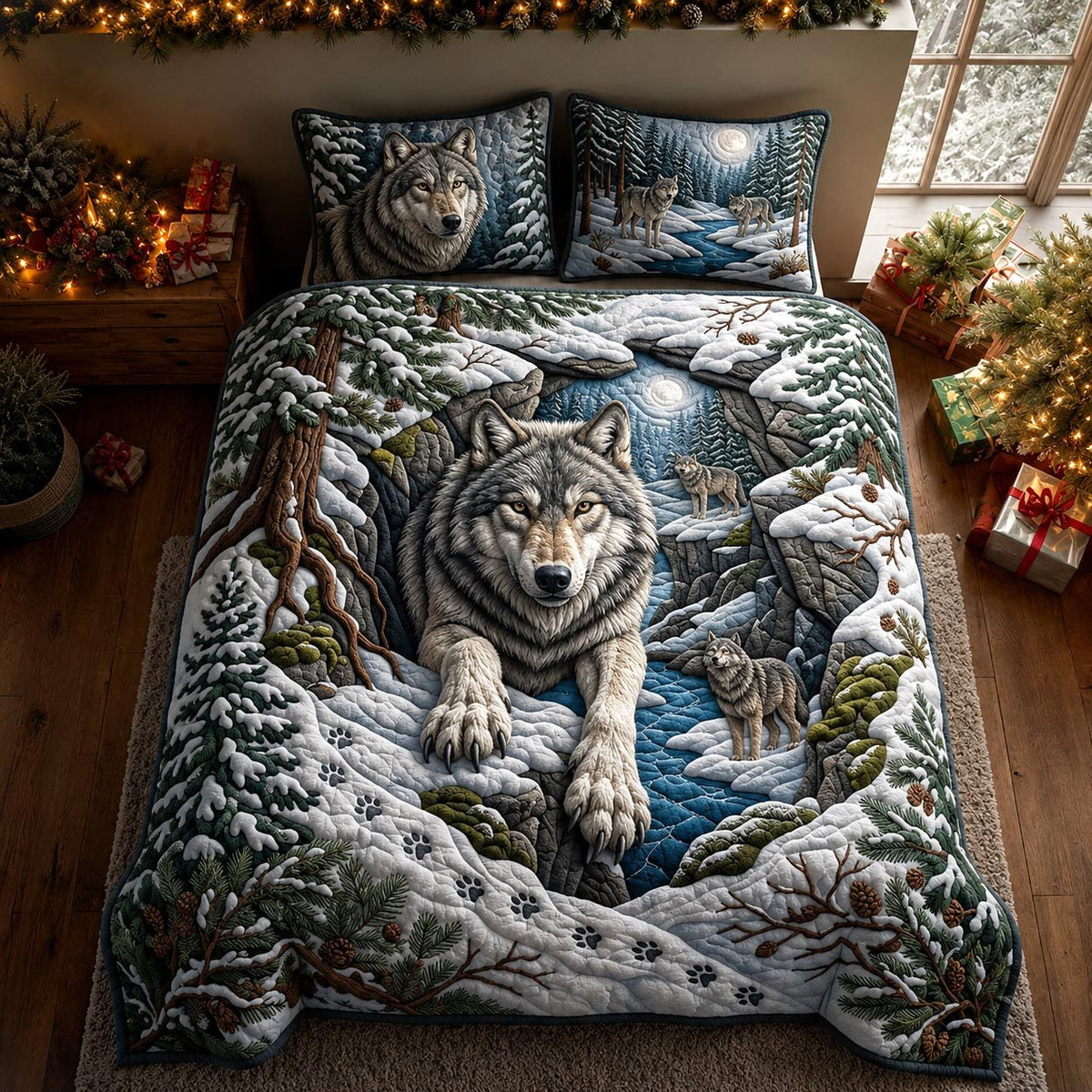 Arctic Wolf quilted 3-piece bedding set on a made bed with two matching pillow shams