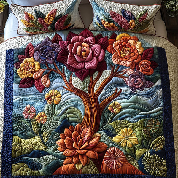 Arid Aesthetics quilted 3-piece bedding set on a made bed with two matching pillow shams