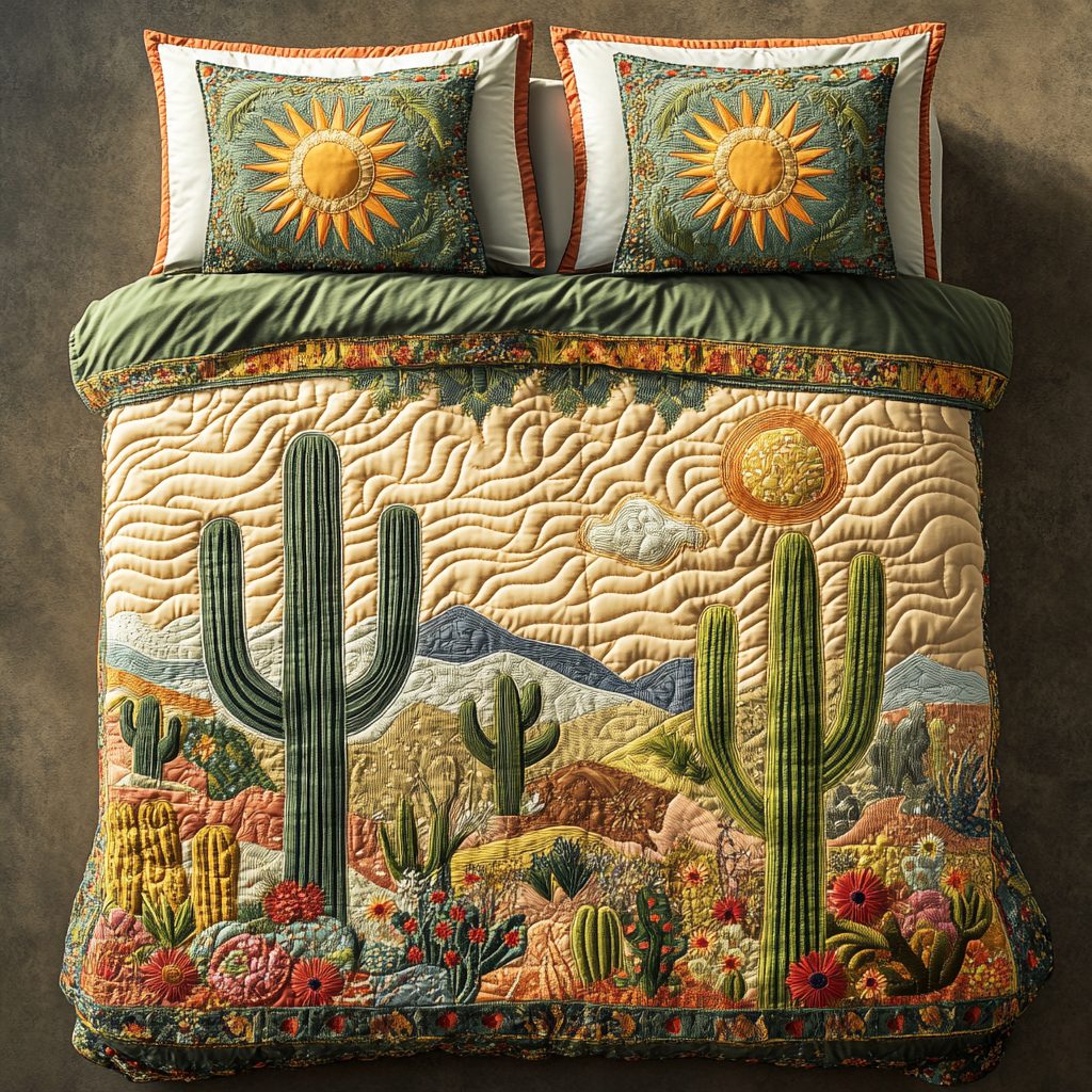 Arid Beauty quilted 3-piece bedding set on a made bed with two matching pillow shams