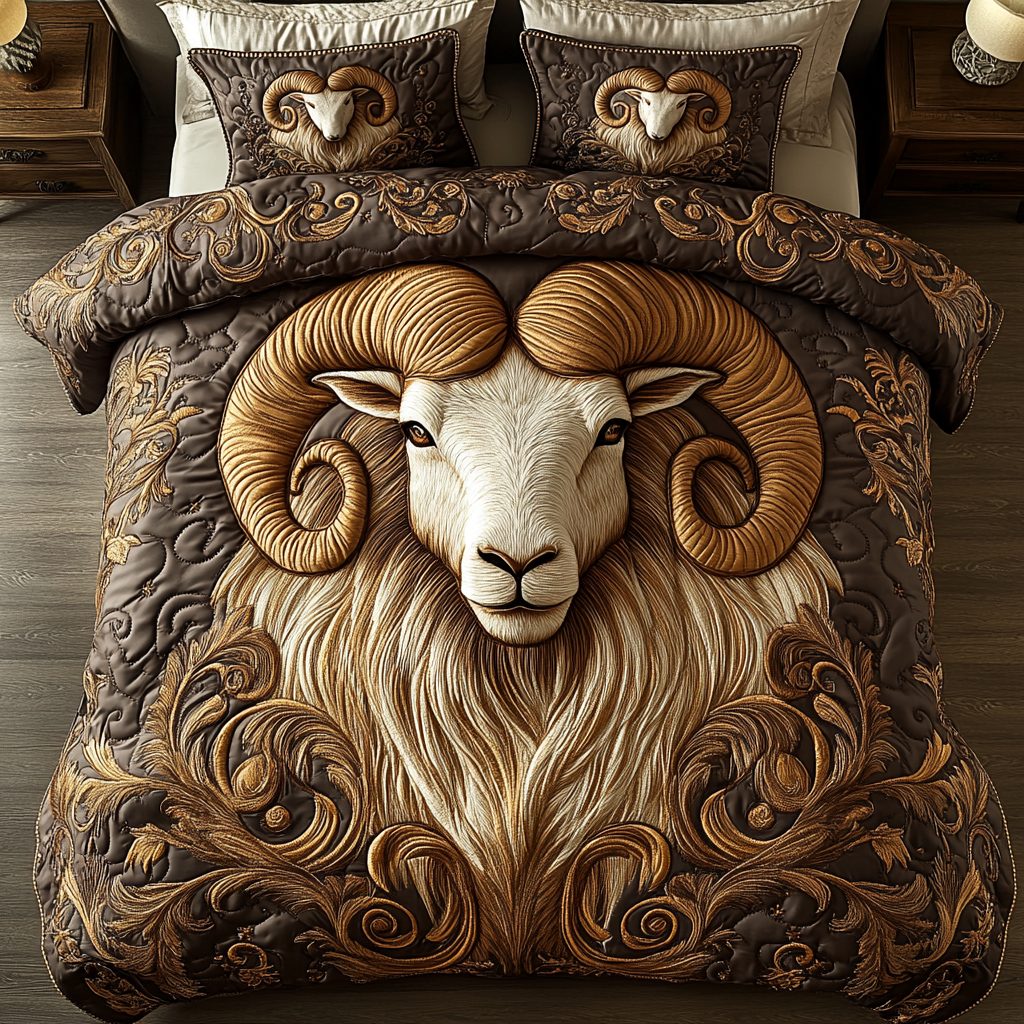 Aries quilted 3-piece bedding set on a made bed with two matching pillow shams