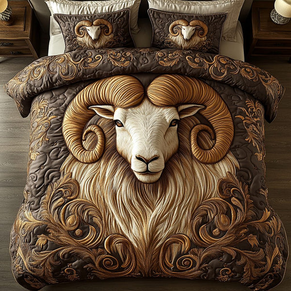 Aries quilted 3-piece bedding set on a made bed with two matching pillow shams