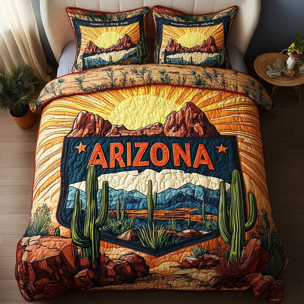 Arizona Adventure quilted 3-piece bedding set on a made bed in a winter-styled bedroom