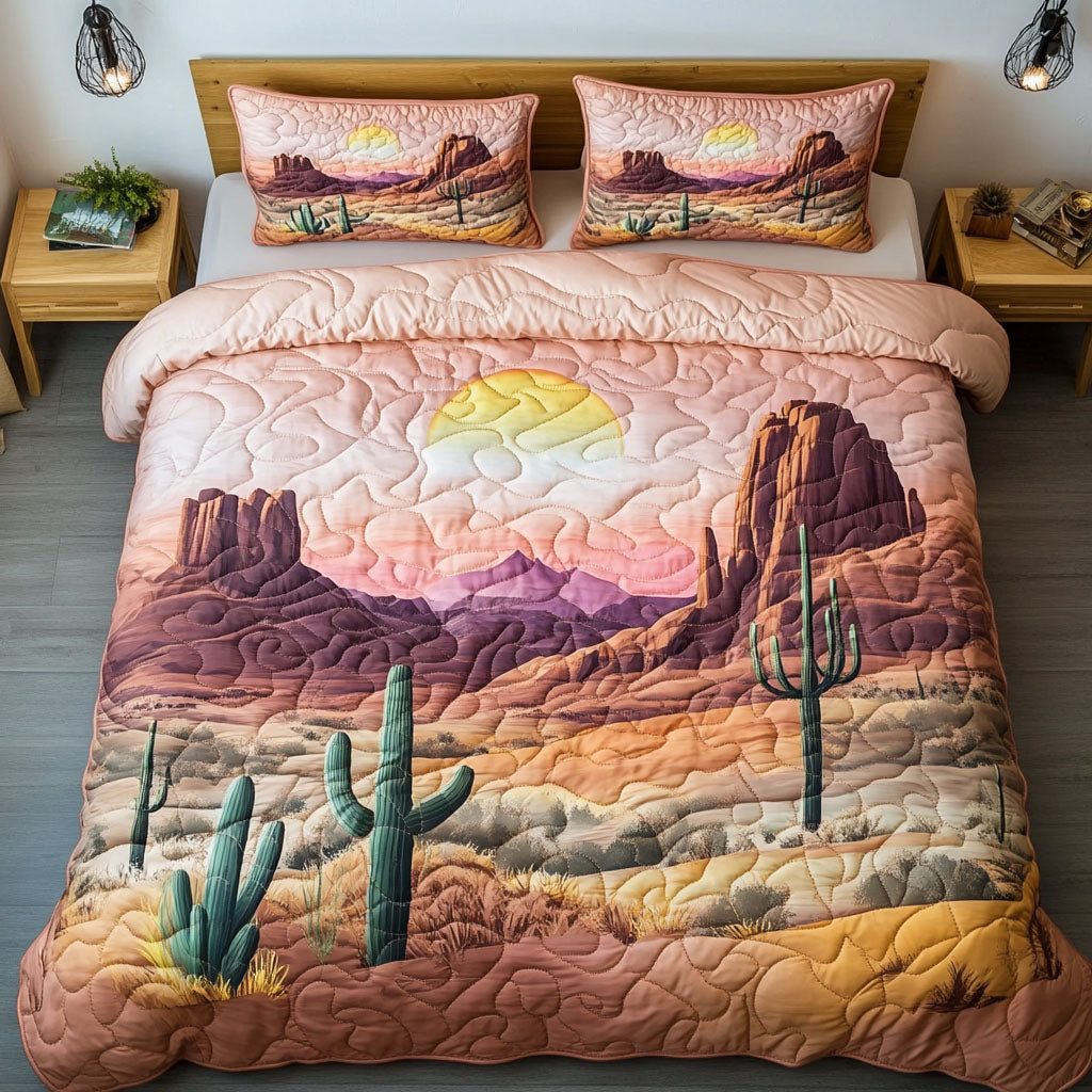 Arizona Bloom quilted 3-piece bedding set on a made bed with two matching pillow shams