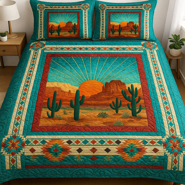 Arizona Cactus quilted 3-piece bedding set on a made bed with two matching pillow shams