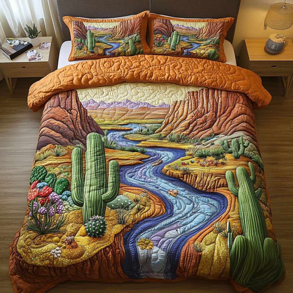 Arizona Cactus quilted 3-piece bedding set on a made bed with two matching pillow shams