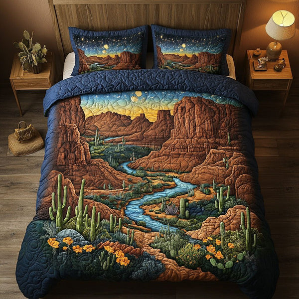 Arizona Canyon quilted 3-piece bedding set on a made bed with two matching pillow shams
