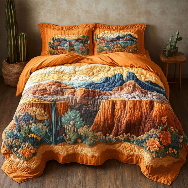 Arizona Canyon View quilted 3-piece bedding set on a made bed with two matching pillow shams