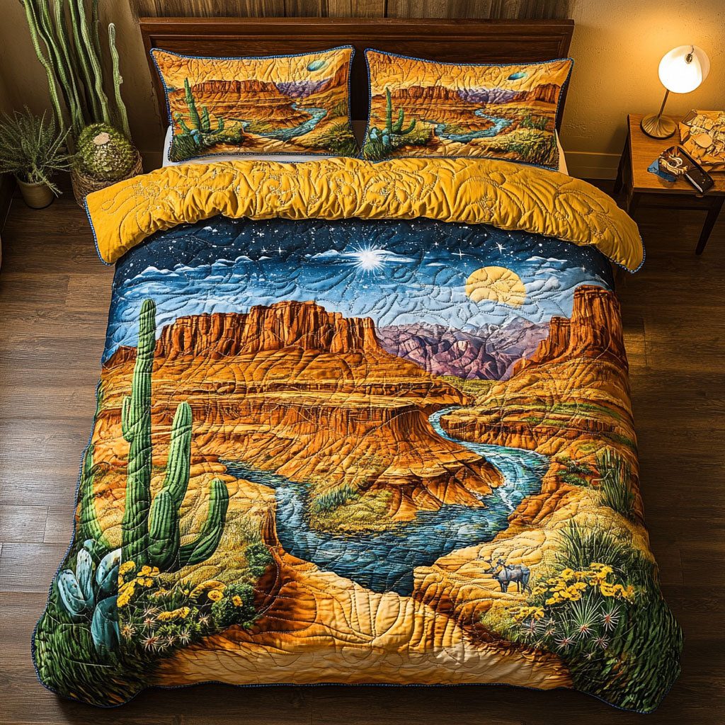 Arizona Dawn quilted 3-piece bedding set on a made bed with two matching pillow shams