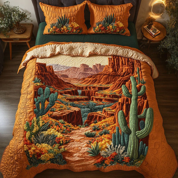 Arizona Desert Bloom quilted 3-piece bedding set on a made bed with two matching pillow shams