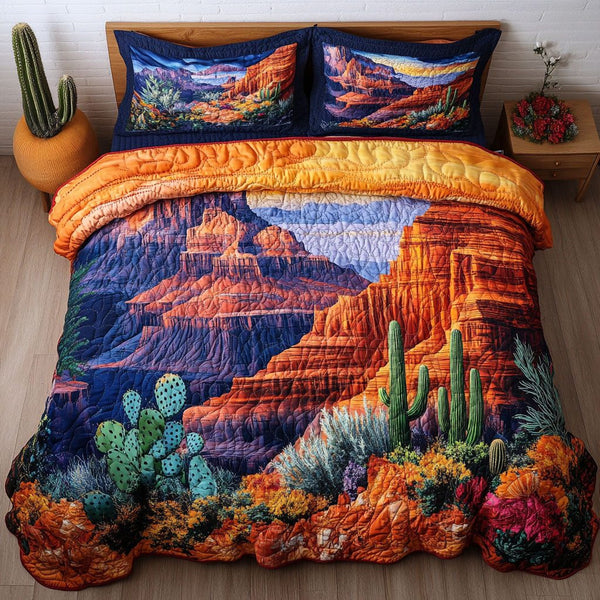 Arizona Dream quilted 3-piece bedding set on a made bed with two matching pillow shams