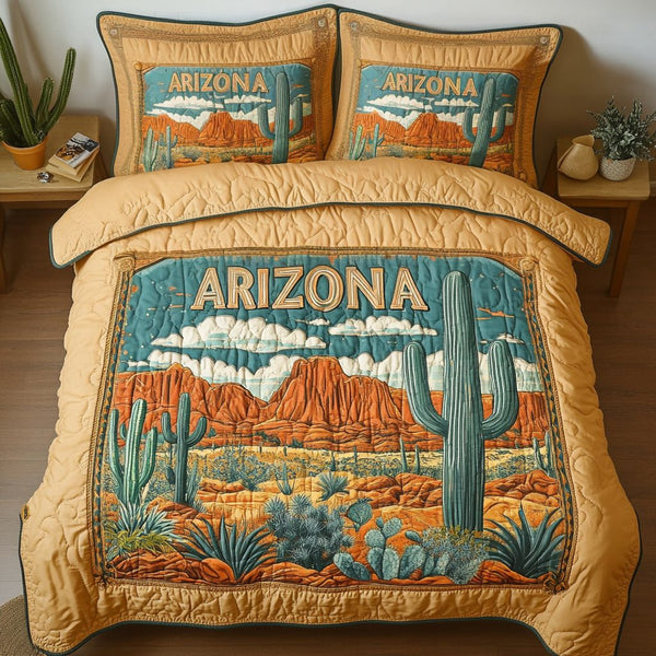 Arizona Glow quilted 3-piece bedding set on a made bed with two matching pillow shams