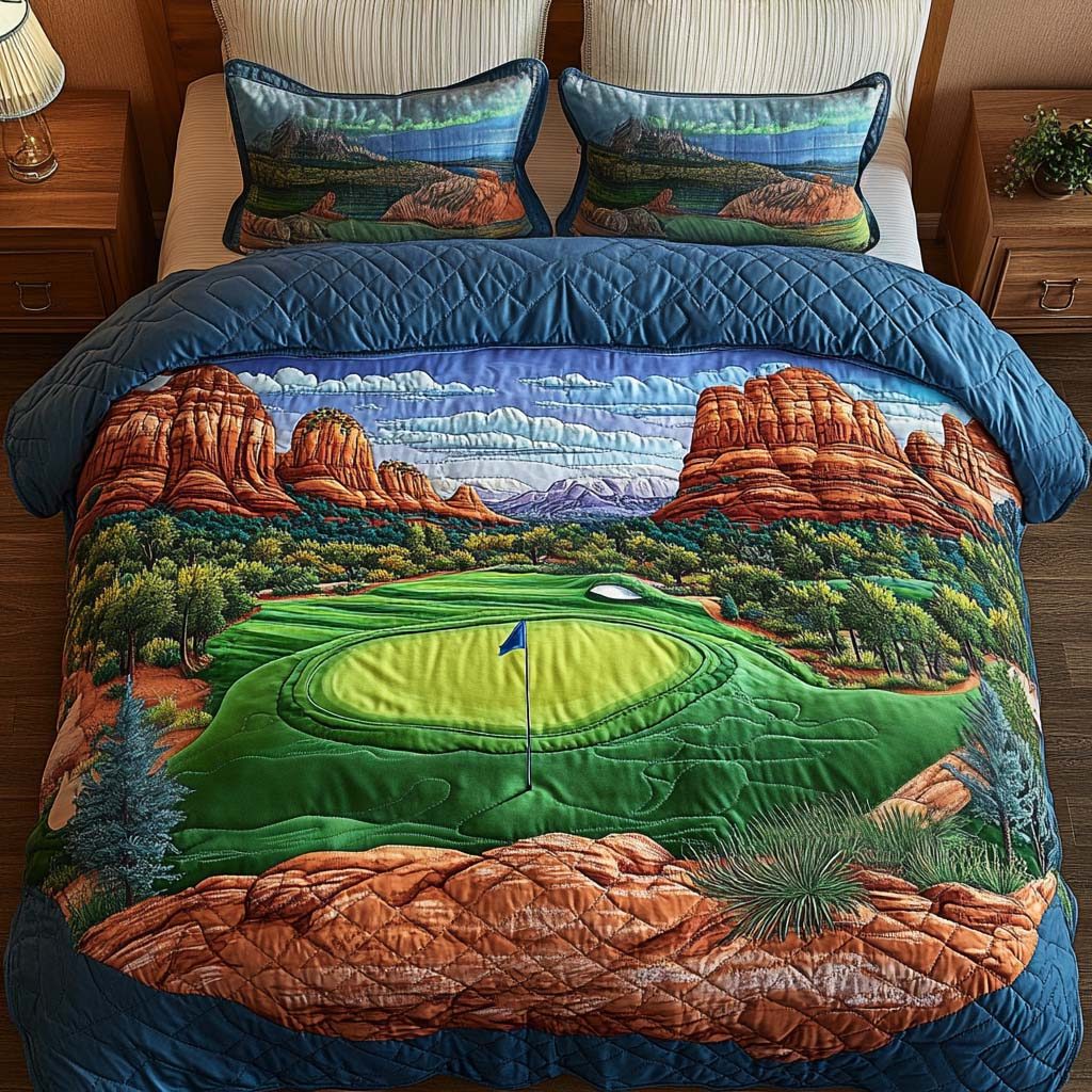 Arizona Golf Bliss quilted 3-piece bedding set on a made bed with two matching pillow shams