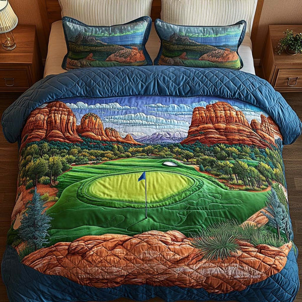 Arizona Golf Bliss quilted 3-piece bedding set on a made bed with two matching pillow shams