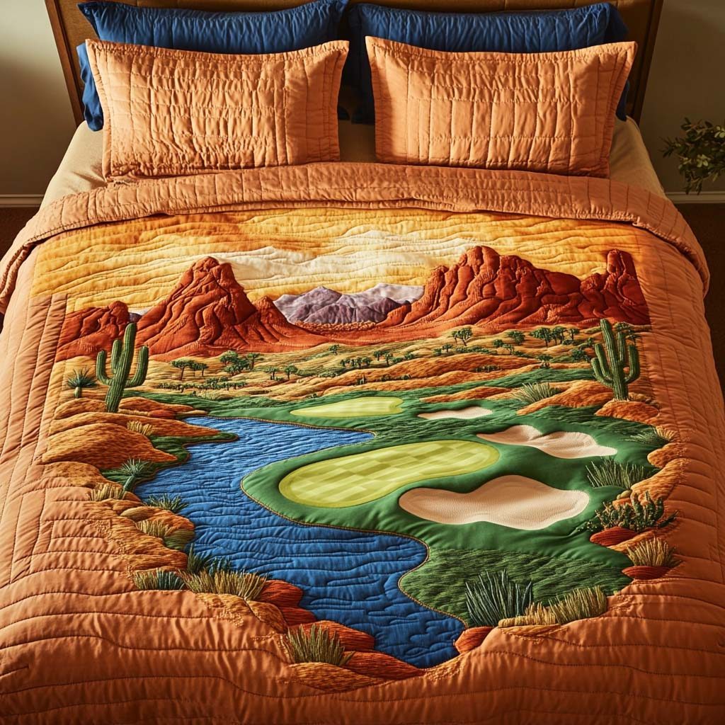 Arizona Golf Canyon quilted 3-piece bedding set on a made bed with two matching pillow shams