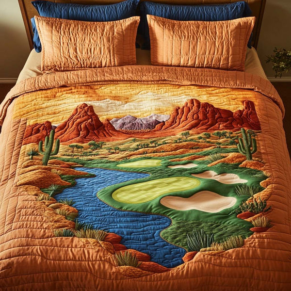 Arizona Golf Canyon quilted 3-piece bedding set on a made bed with two matching pillow shams