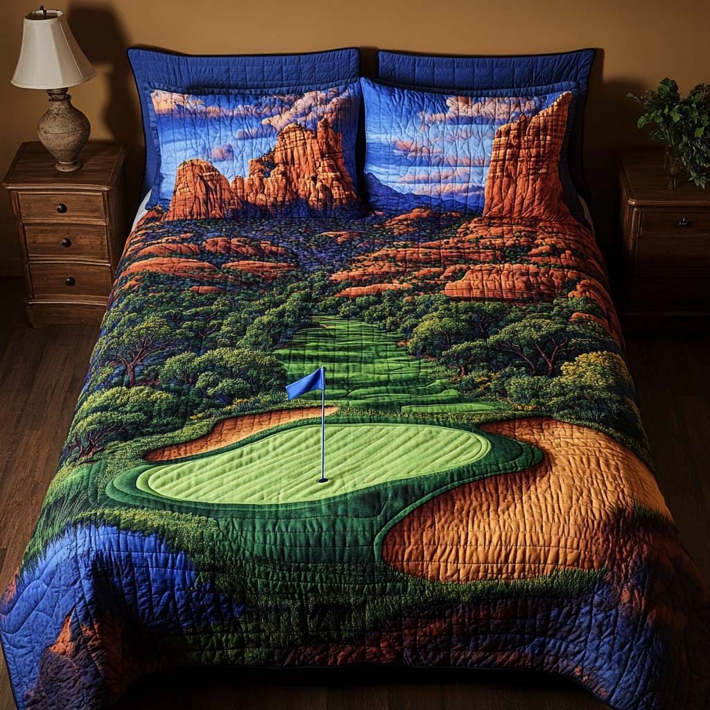Arizona Golf Classic quilted 3-piece bedding set on a made bed in a farmhouse bedroom
