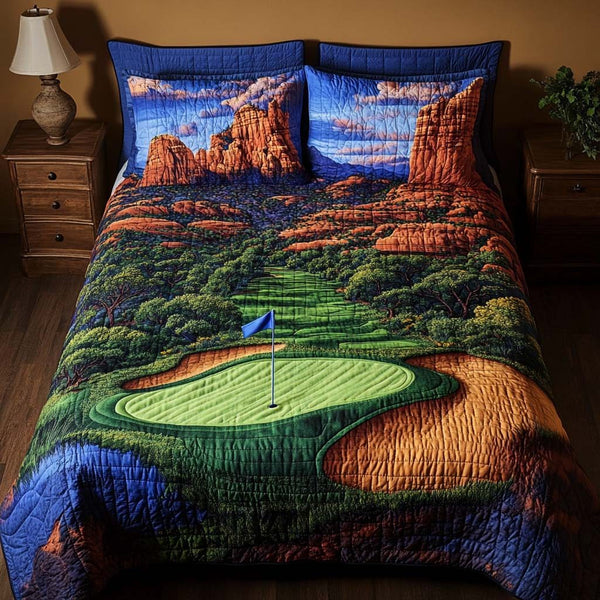 Arizona Golf Classic quilted 3-piece bedding set on a made bed in a farmhouse bedroom