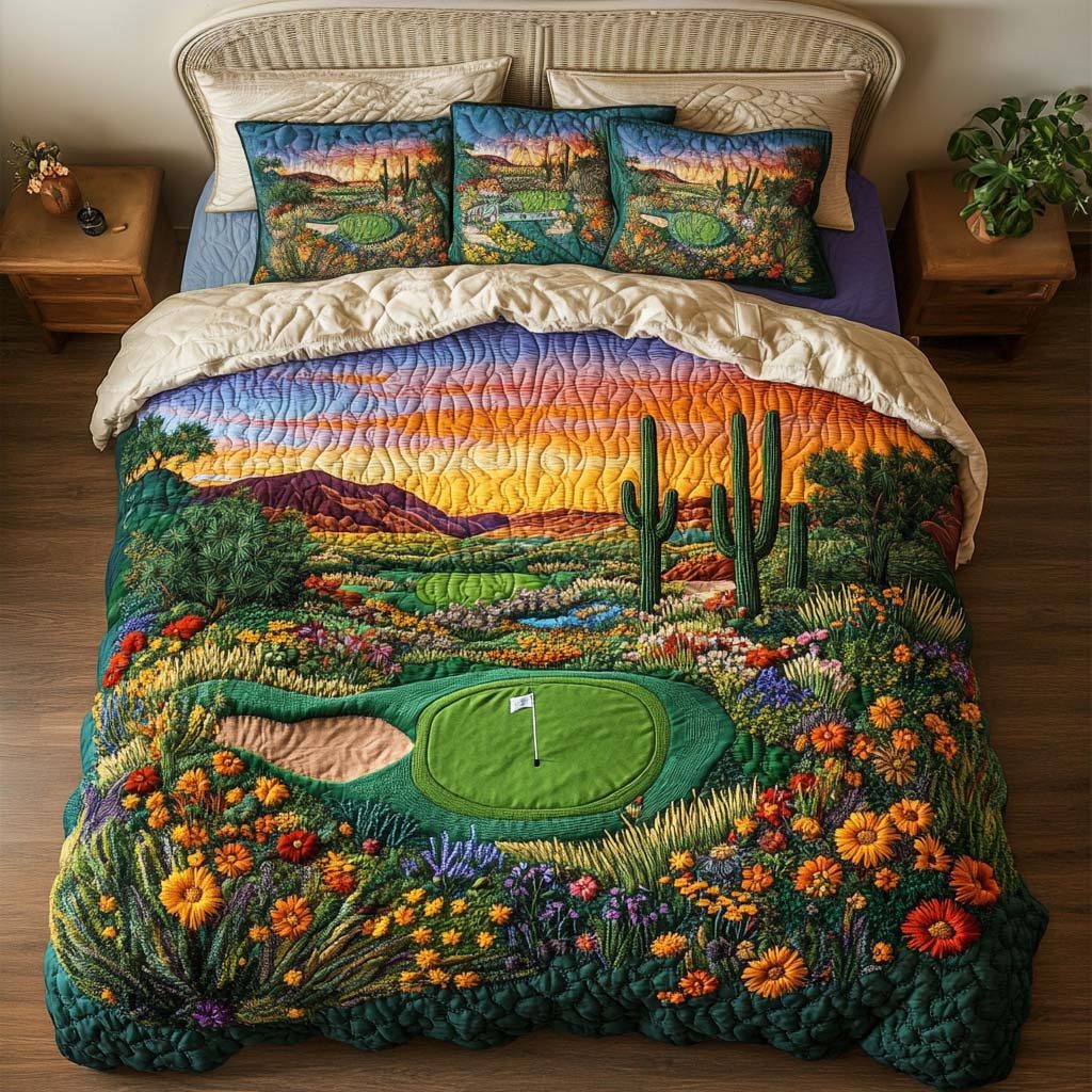 Arizona Golf Days quilted 3-piece bedding set on a made bed with two matching pillow shams