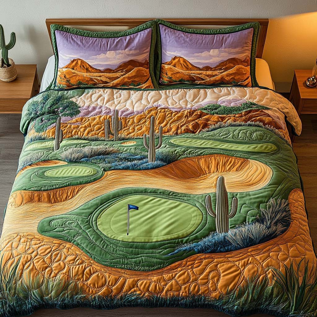 Arizona Golf Dreamscape quilted 3-piece bedding set on a made bed with two matching pillow shams