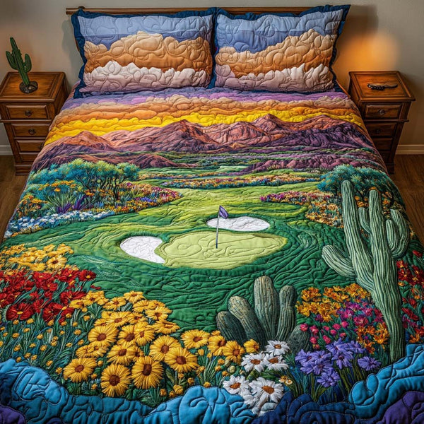 Arizona Golf Echo quilted 3-piece bedding set on a made bed with two matching pillow shams