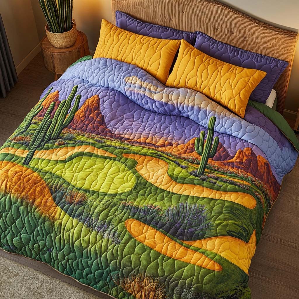 Arizona Golf Escape quilted 3-piece bedding set on a made bed with two matching pillow shams