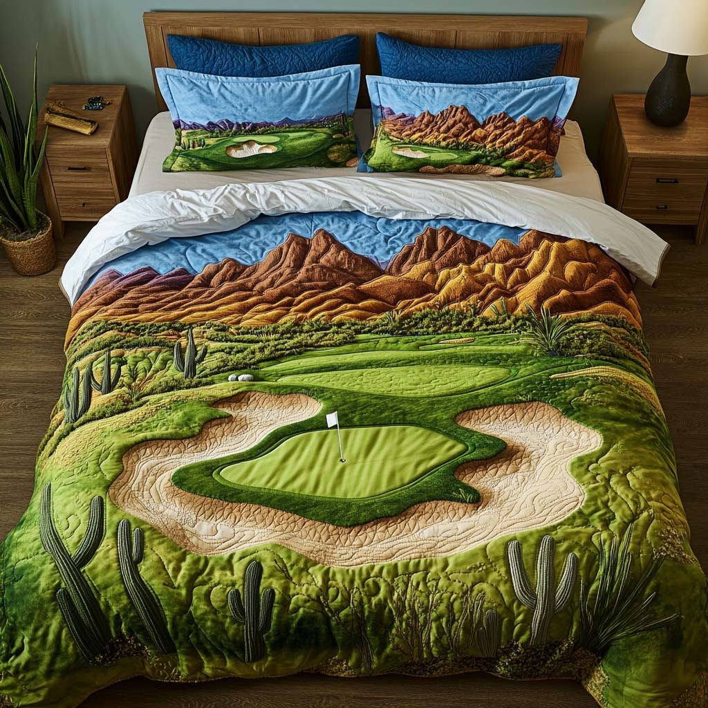 Arizona Golf Escape quilted 3-piece bedding set on a made bed with two matching pillow shams