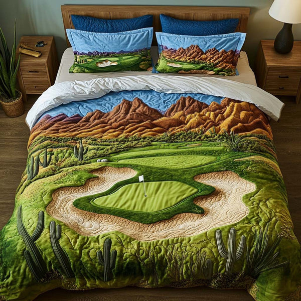 Arizona Golf Escape quilted 3-piece bedding set on a made bed with two matching pillow shams