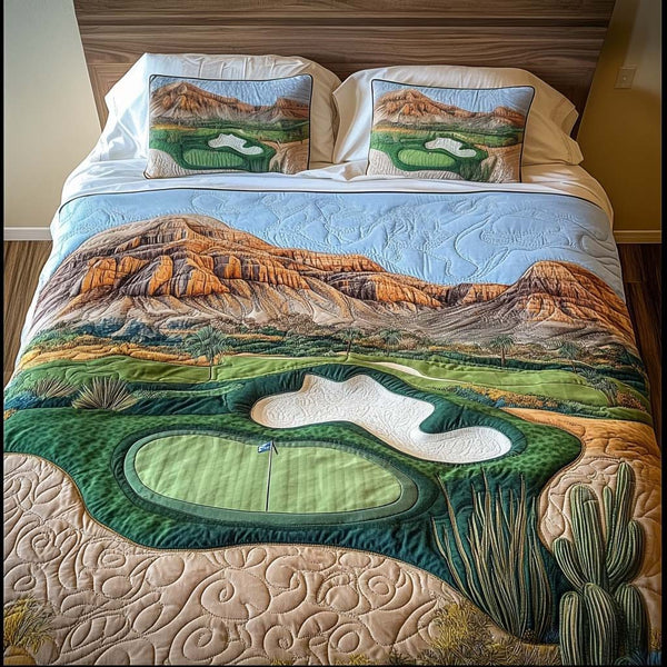 Arizona Golf Fairways quilted 3-piece bedding set on a made bed with two matching pillow shams