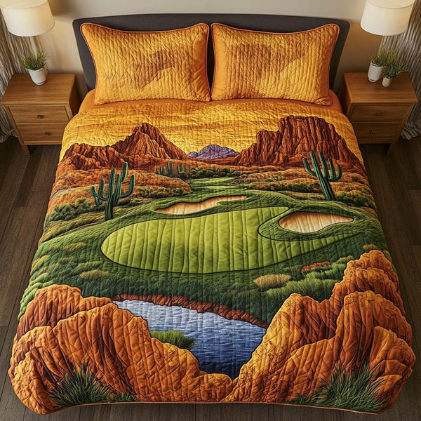 Arizona Golf Heatwave quilted 3-piece bedding set on a made bed with two matching pillow shams