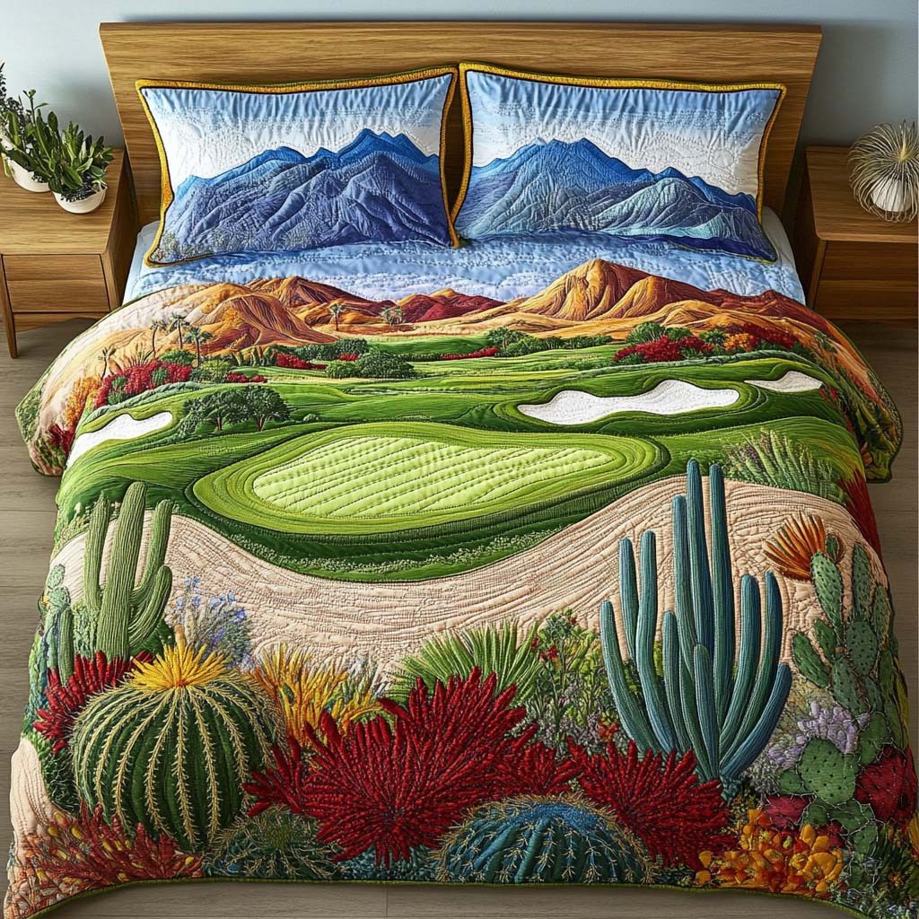 Arizona Golf Horizon quilted 3-piece bedding set on a made bed with two matching pillow shams