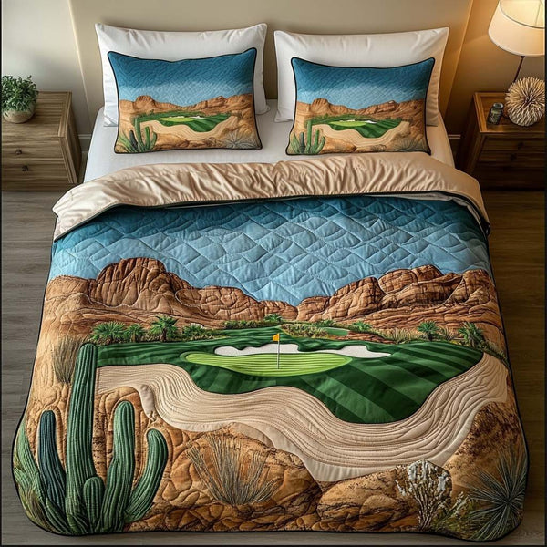 Arizona Golf Journey quilted 3-piece bedding set on a made bed with two matching pillow shams
