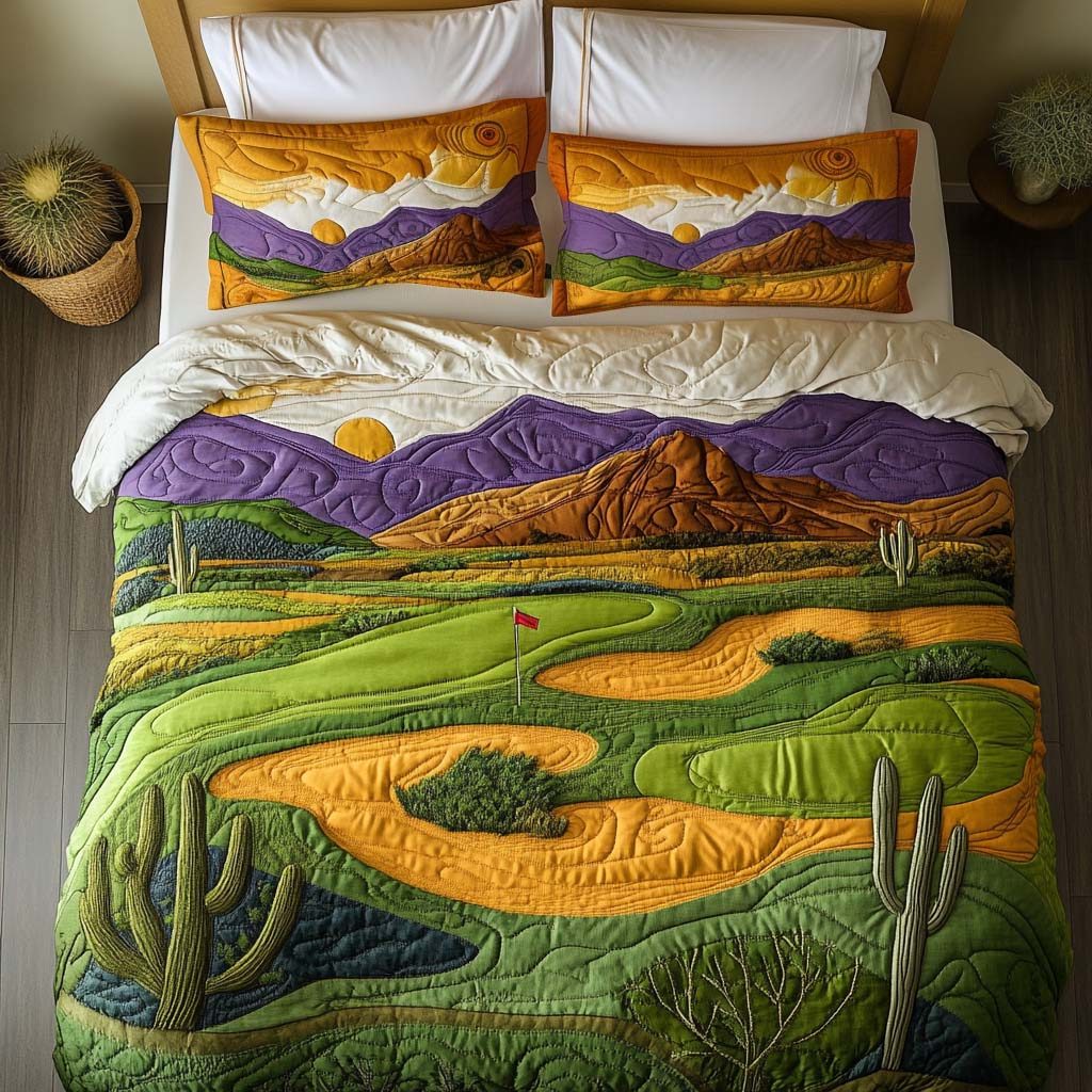 Arizona Golf Legends quilted 3-piece bedding set on a made bed with two matching pillow shams