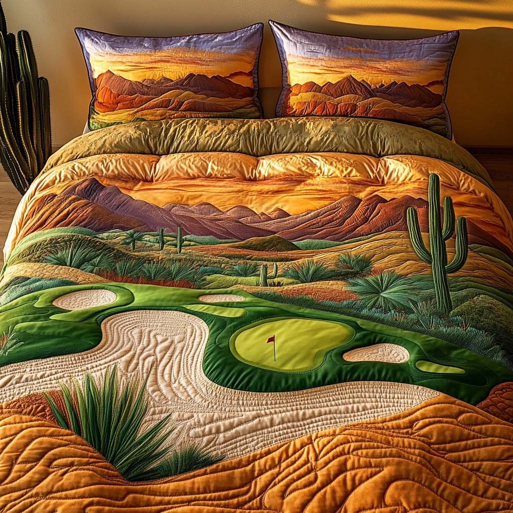 Arizona Golf Lifestyle quilted 3-piece bedding set on a made bed with two matching pillow shams