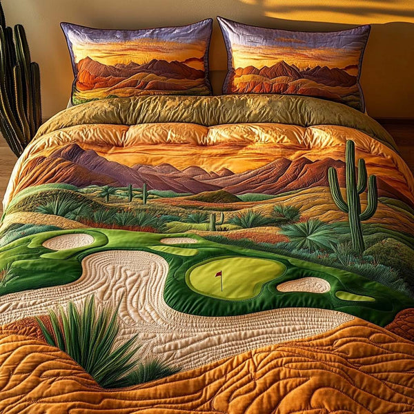 Arizona Golf Lifestyle quilted 3-piece bedding set on a made bed with two matching pillow shams
