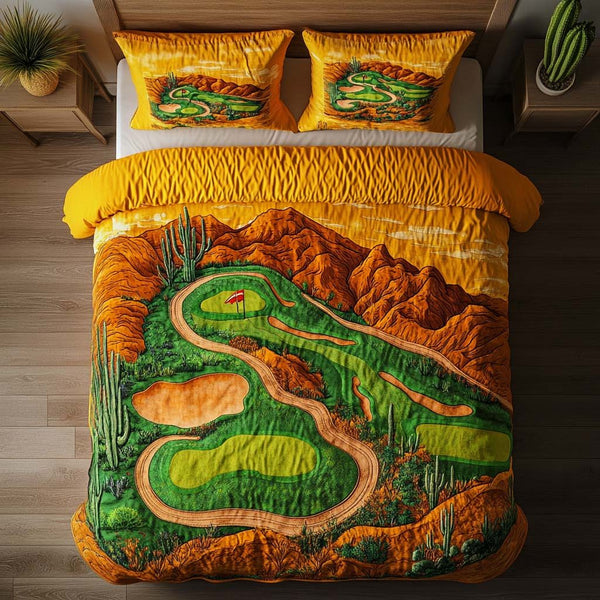 Arizona Golf Oasis quilted 3-piece bedding set on a made bed with two matching pillow shams